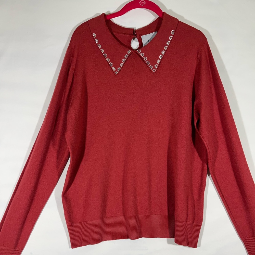 LIV MILANO RHINESTONE EMBELLISHED COLLAR LONG SLEEVE SWEATER XL RUST NEW